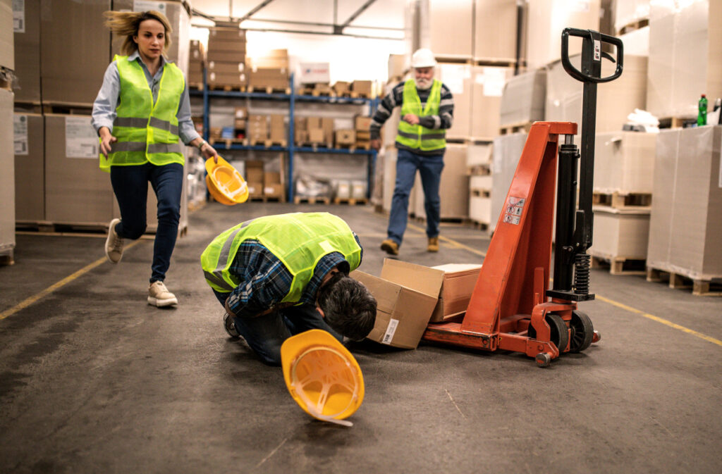 Workers running toward an injured warehouse worker